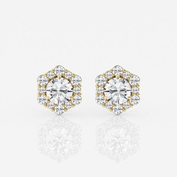 3.50 CTW Round Cut Lab Created Diamond Hexagon Shaped Halo Stud Earrings - Picture 3 of 6